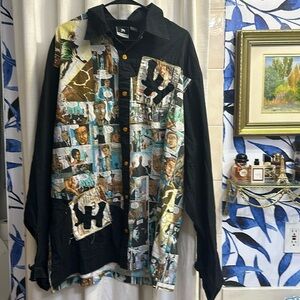 Men’s Johnny Handsome Black Button Up Comic Book Embellished French Cuff Shirt
